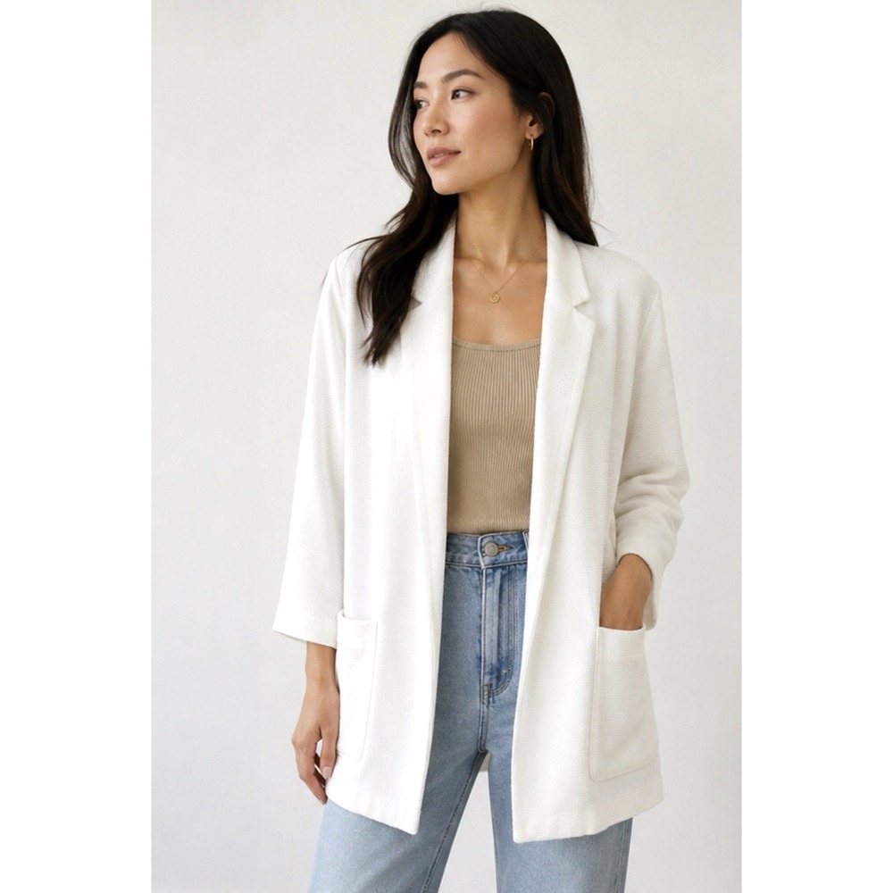 Zara Ribbed Open Front Oversized Blazer Jacket White  SZ Medium
